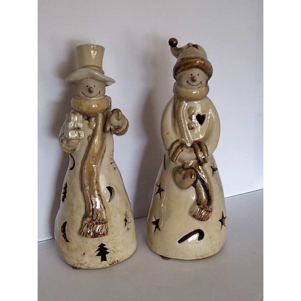 Vintage Ceramic Snowman Tea Light Holder Set Rustic Christmas Decor 10 Inch